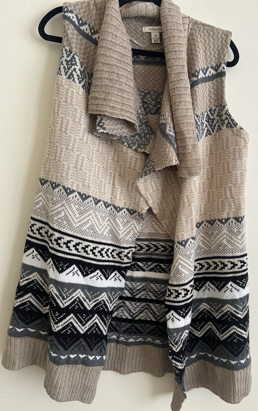 Bass Open Front Sweater Vest M Draped Shawl Collar Fair Isle Knit Boho Cardigan